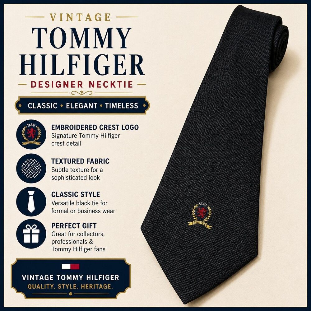 Vintage Tommy Hilfiger Black Textured Crest Logo Men's Necktie Designer Tie